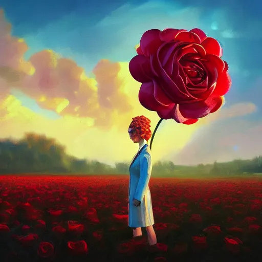 Image similar to closeup, giant rose flower head, frontal, a girl in a suit, surreal photography, sunrise, blue sky, dramatic light, impressionist painting, digital painting, artstation, simon stalenhag