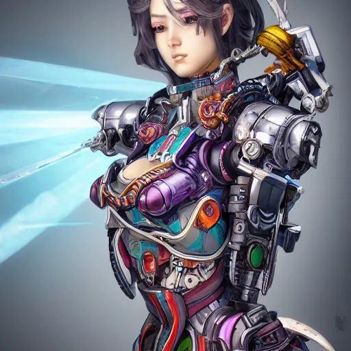 Image similar to studio portrait of lawful good colorful female holy mecha paladin absurdly beautiful, elegant, young sensual graceful woman, ultrafine hyperrealistic detailed face illustration by kim jung gi, irakli nadar, intricate linework, sharp focus, bright colors, matte, octopath traveler, final fantasy, unreal engine highly rendered, global illumination, radiant light, intricate environment