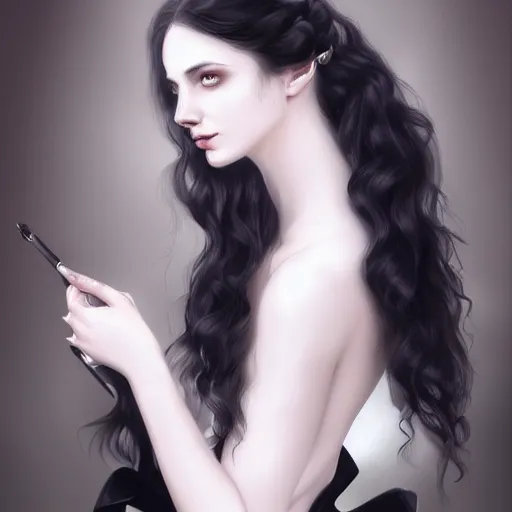 Prompt: a beautiful young woman, pale skin, black long hair, aristocrat, black expensive dress from 1 8 6 0, digital art, studio photo, realistic, artstation, high quality, wild west