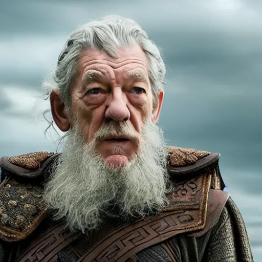 Image similar to sir ian mckellen playing odin all father from the thor movie, highly detailed, cinematic shot, cinematic lighting, 8 k, exquisit facial detail