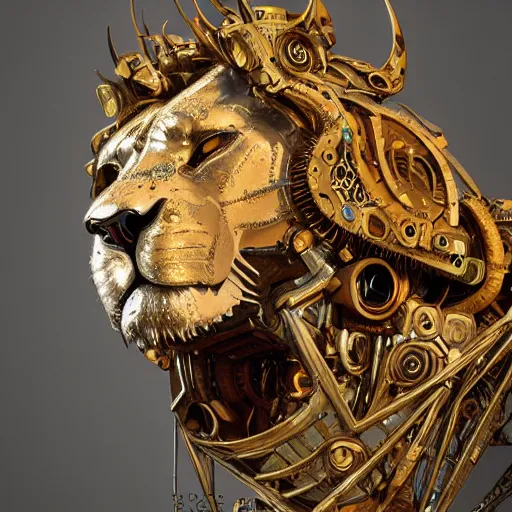 Image similar to a biomechanical lion made of scrap metal, cyberpunk, macro, intricate, elegant, highly detailed, digital painting, artstation, biolusence, concept art, sharp focus, art by artgerm and greg rutkowski and alphonse mucha, 8 k