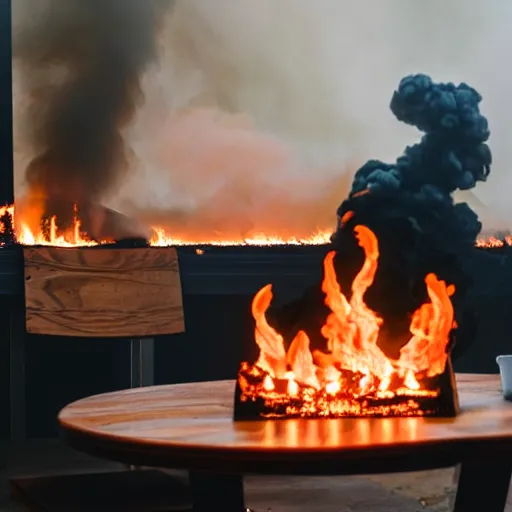 Image similar to a photograph of a big fire on a dining room on fire, only remains a wooden table and a chair, an human-like relaxed dog sitting at this table, ☕ on the table, surrounded by flames, a lot of flames behind the dog, black smoke instead of the ceiling