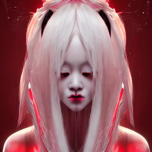 Image similar to albino maiko with very long fantasy hair, dluent composition, red and white neon, concept art, intricate details, highly professionally detailed, cgsociety, highly detailed -