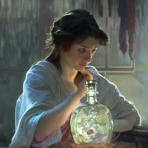 Prompt: girl filling a vase with a magical liquid, the girl is observed by the moiras in a trial. by jeremy mann and alphonse mucha, photo realistic, dynamic lighting, artstation, poster, volumetric lighting, highly detailed faces, 4 k, award winning