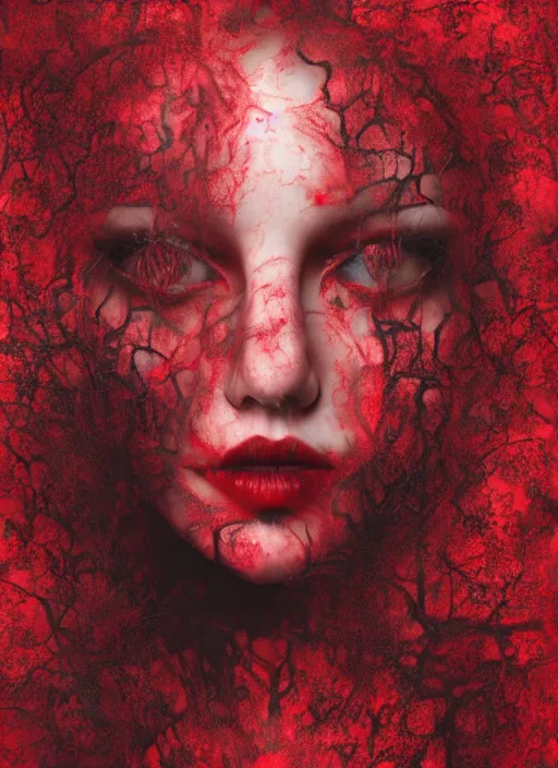 Image similar to dramatic red matte portrait painting of woman with black mandelbrot fractal instead of face, horror, body horror, dark art, 4 k, detailed, realistic, psychotic, insane, crazy, mental illness, dramatic,