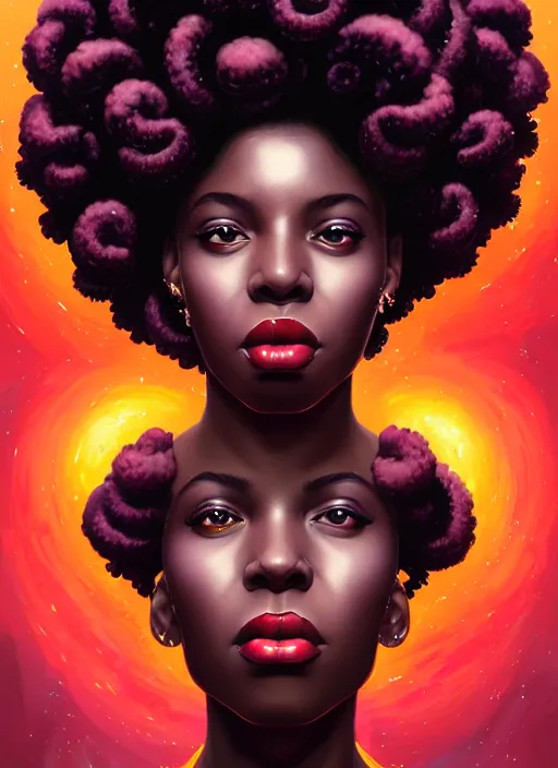 Image similar to portrait of young black woman with bantu knots, afro - futurist style, intricate, elegant, exploding nebulae, highly detailed, digital painting, artstation, concept art, smooth, sharp focus, illustration, art by wlop, mars ravelo and greg rutkowski