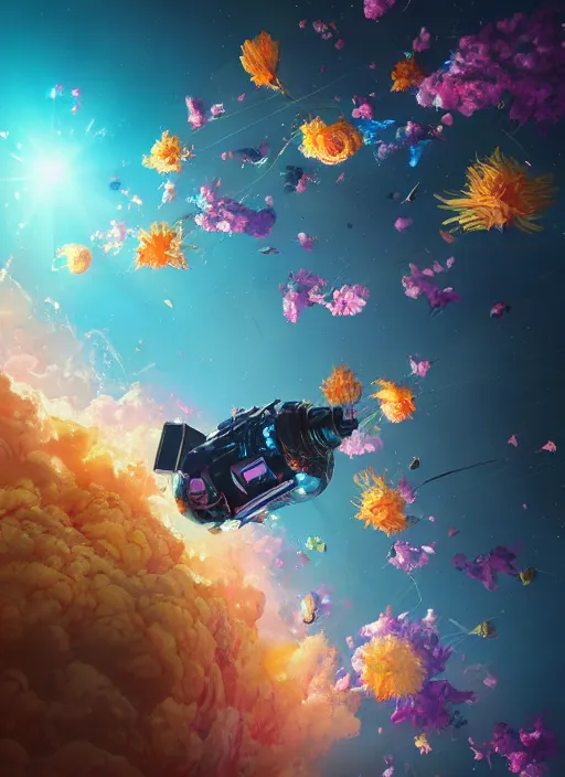 Prompt: An epic fantastic realism comic book style painting of the most beautiful flowers launched into space, bouquets, fisheye lens, unreal 5, DAZ, hyperrealistic, light burst, octane render, dynamic lighting