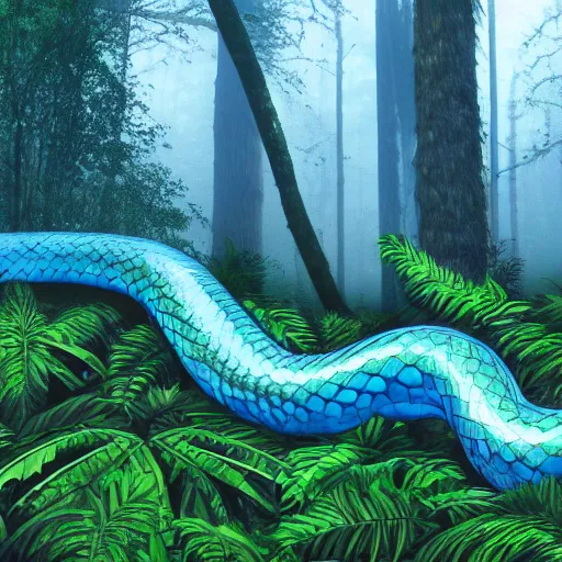 Prompt: A realistic photo of a giant blue snake in a foggy jungle