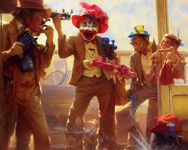 Image similar to clowns robbing a train using water guns, highly detailed painting by gaston bussiere, craig mullins, j. c. leyendecker 8 k