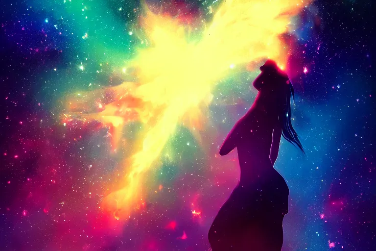 Image similar to silhouette of a girl laying horizontally but floating and exploding into incredible stars and nebula, digital art trending on artstation