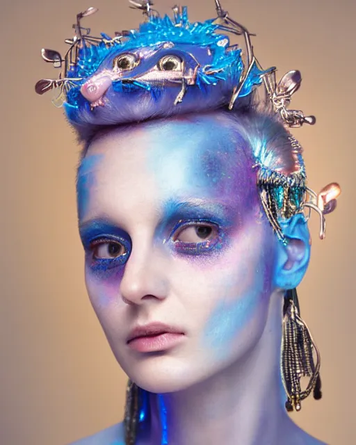 Prompt: natural light, soft focus portrait of a android with soft synthetic pink skin, blue bioluminescent plastics, smooth shiny metal, elaborate ornate head piece, piercings, face tattoo and scars, skin textures, by annie liebovotz, paul lehr,