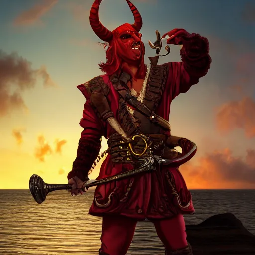 Prompt: a red skinned horned male tiefling, dungeons and dragons, wearing a pirate coat with shiny gold buckles and a rapier on his hip, standing at the prow of his ship looking out over the water, uhd, high detail, sunset lighting