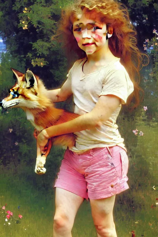 Image similar to a seven - year old girl with long curly dirty blonde hair, blue eyes, tan skin, a pink tee shirt, shorts, playing with a fox, painting by daniel gerhartz, alphonse mucha, bouguereau, detailed art, artstation