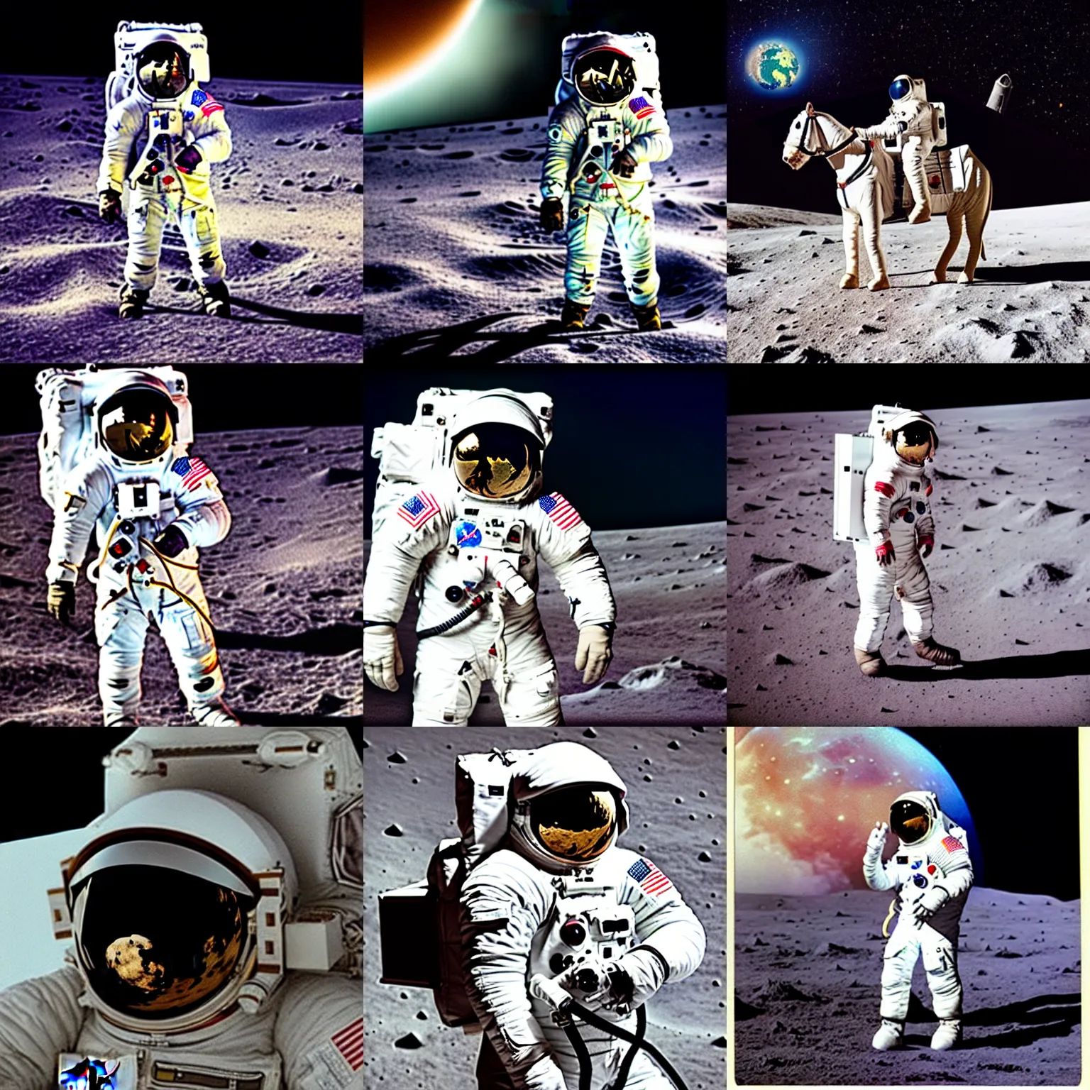 Prompt: astronaut wearing white spacesuit turned into horse astronaut, polaroid color vintage photoshoot on the moon, nasa realistic 8 k documentary