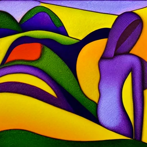 Image similar to woman woman as the natural landscape, her curves form the mountains and rivers of this land , high quality art in the style of cubism and georgia o’keefe,