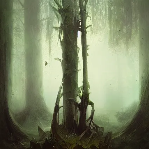 Prompt: overgrown sword leaning against a tree, weapon, sword, foggy forest, swamp, nebula, crimson, eerie, oil painting, by greg rutkowski