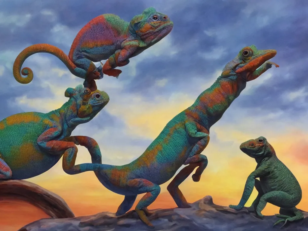 Image similar to Chameleon and tapir collaborating when crafting a lambda statue, cloudy sunset skies in the background. detailed art by Julie Bell