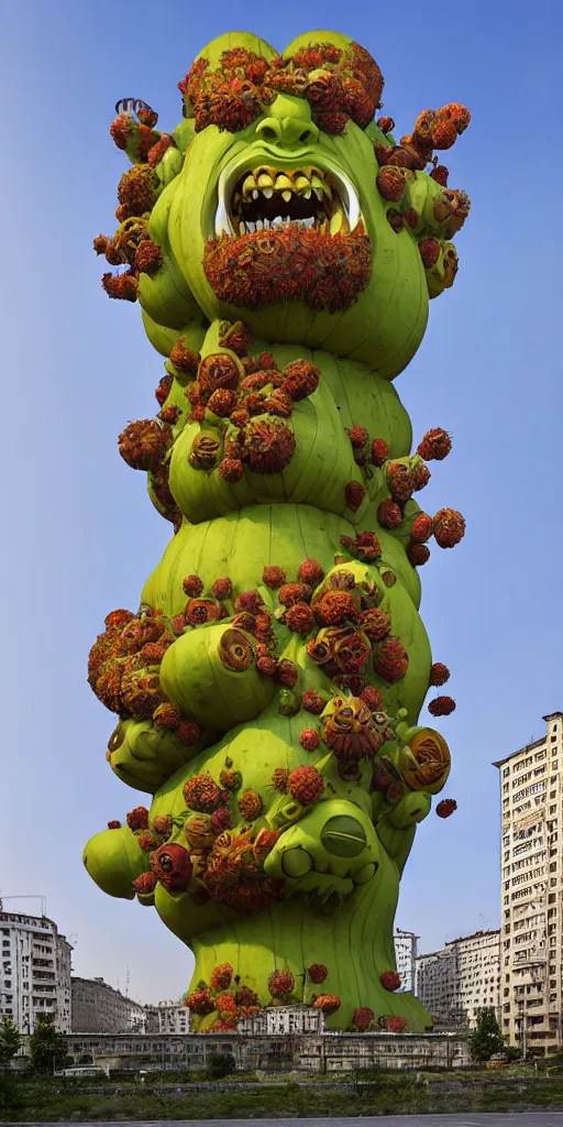 Image similar to colossal grotesque Beelzebub flower made from angry smiles in the middle of post soviet constructivist cityscape, Stalinist architecture, brutalist architecture, ultradetailed, Intricate by Hayao Miyazaki and Josan Gonzalez and Makoto Shinkai and Giuseppe Arcimboldo and MC Esher and Wes Anderson