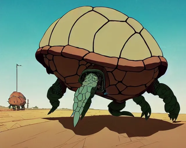 Image similar to a cell shaded cartoon giant turtle from howl's moving castle ( 2 0 0 4 ), on a desert road, illustration, wide shot, subtle colors, post grunge, concept art by josan gonzales and wlop, by james jean, victo ngai, highly detailed, sharp focus, trending on artstation, hq, deviantart, art by artgem