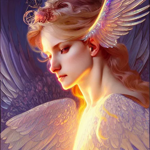 Image similar to Winged girl angel covered in eyes with blonde hair and glowing halo, iridescent, seraphim, fantasy, intricate, elegant, highly detailed, digital painting, artstation, concept art, smooth, sharp focus, illustration, art by Krenz Cushart and Artem Demura and alphonse mucha