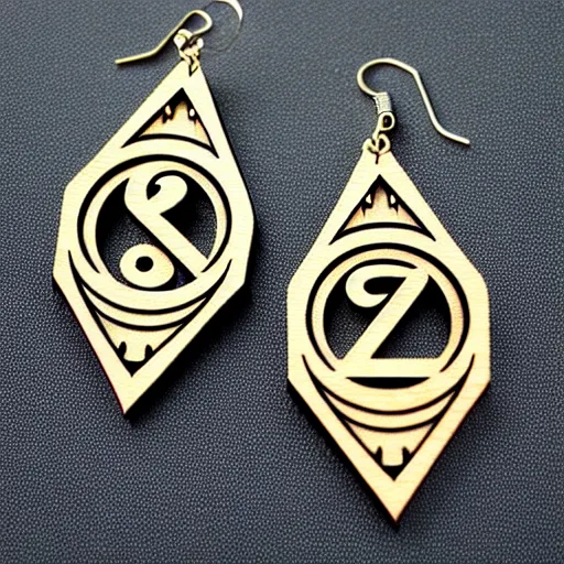 Image similar to 2 d wood lasercut earrings, mystical symbols, 8 k, hd, trending on amazon on artstation, trending on deviantart, trending on etsy, epic digital art