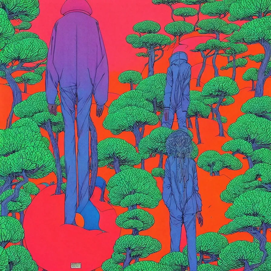 Image similar to ( ( ( ( ( forest on a mysterious planet ) ) ) ) ) by mœbius!!!!!!!!!!!!!!!!!!!!!!!!!!!, colorful, record jacket