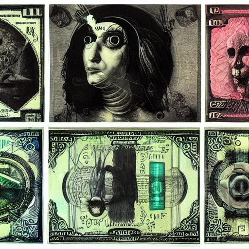 Image similar to post - punk new age album cover, asymmetrical design, dollar bank notes, capitalism, magic, apocalypse, psychedelic, black white pastel pink, slightly holographic, magic, giger h. r., giuseppe arcimboldo, peder balke