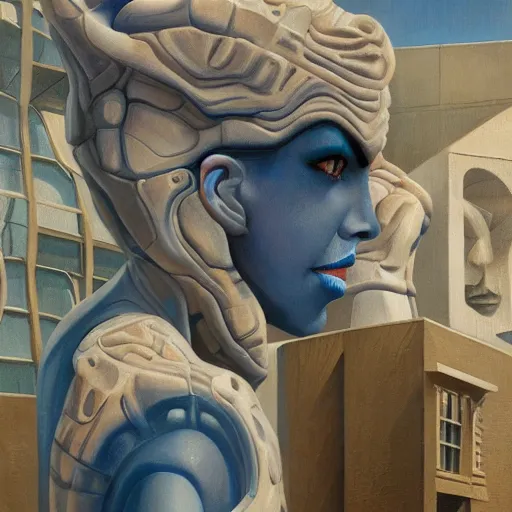 Prompt: detailed face of a woman with blue eyes in a biomorphic courtyard with dna sculptures at a science expo, atmospheric, ambient, pj crook, syd mead, livia prima, artgerm, greg rutkowski, nick alm, casey baugh