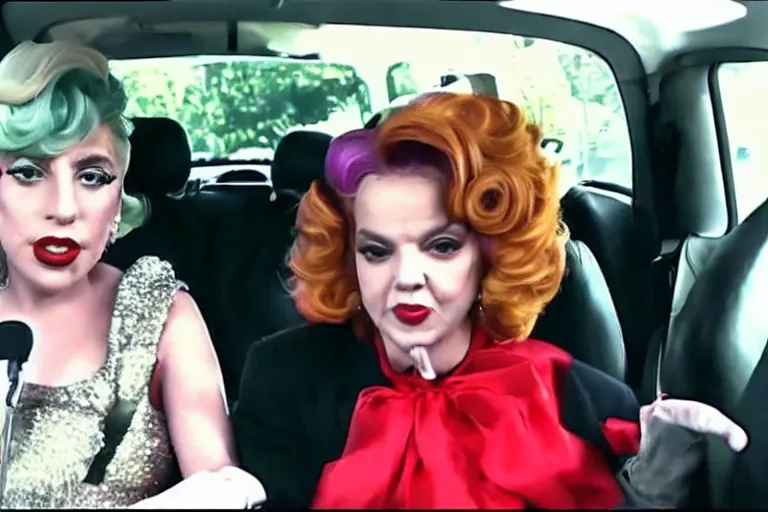 Image similar to lady gaga and judy garland doing carpool karaoke, lady gaga and judy garland, carpool karaoke, lady gaga, judy garland, carpool karaoke, youtube video screenshot, the late late show with james corden, higly realistic, high resolution, dashcam