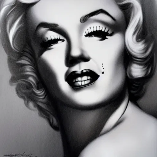 Image similar to pencil art, detailed portrait of marilyn monroe, full body view, intricate, hyper detailed, realistic, oil painting, by julie bell, frank frazetta, cinematic lighting