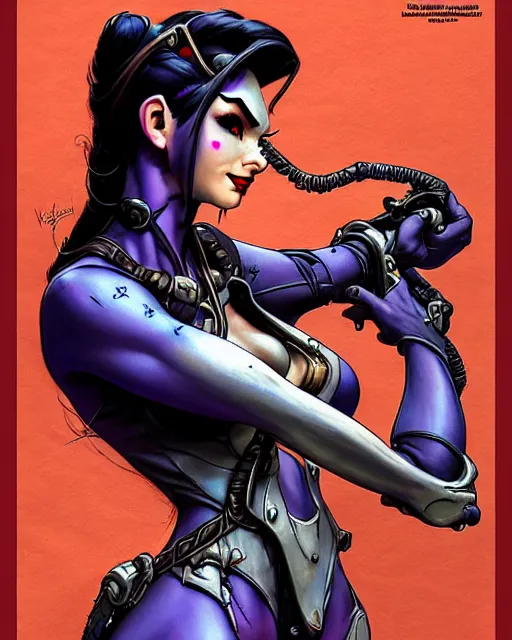 Image similar to widowmaker from overwatch, heavey metal magazine cover, character portrait, portrait, close up, concept art, intricate details, highly detailed, in the style of frank frazetta, esteban maroto, richard corben, pepe moreno, matt howarth, stefano tamburini, tanino liberatore, luis royo and alex ebel