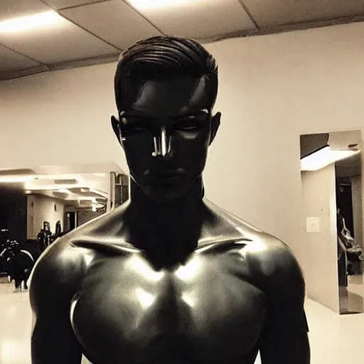 Image similar to “a realistic detailed photo of a guy who is an attractive humanoid who is half robot and half humanoid, who is a male android, Maluma, shiny skin, posing like a statue, blank stare”