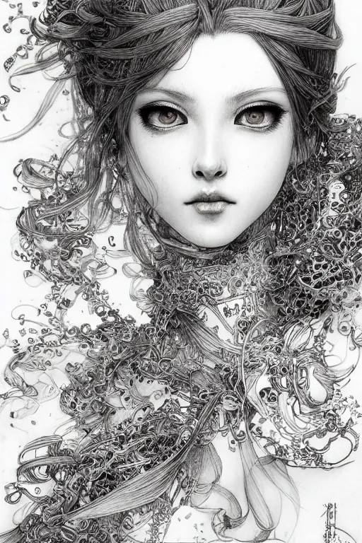 Prompt: portrait of glamour redhead fantasy female bard , pen and ink, intricate line drawings, by Yoshitaka Amano, Ruan Jia, Kentaro Miura, Artgerm