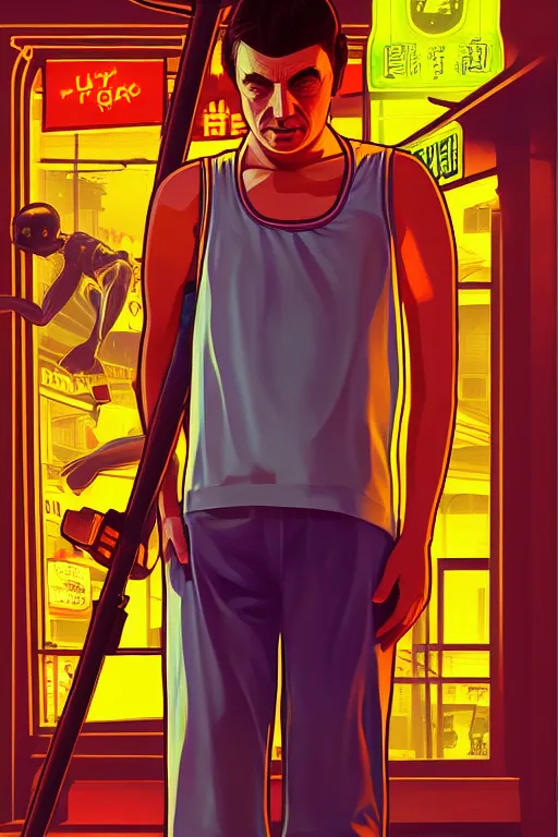 Prompt: boy with singlet and towel on shoulder. grand theft auto chinatown art city, bioshock art style pop art, no duplicate image, glowing lights, ultra details, digital painting, artstation, concept art, smooth, sharp focus, illustration, intecrate details, art by richard hamilton and mimmo rottela, pixels art by paul robertson