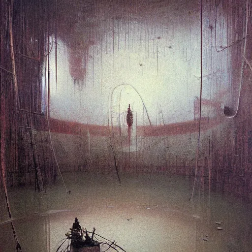 Image similar to flooded overgrown interior of boeing, matte painting, oil painting, by beksinski and moreau