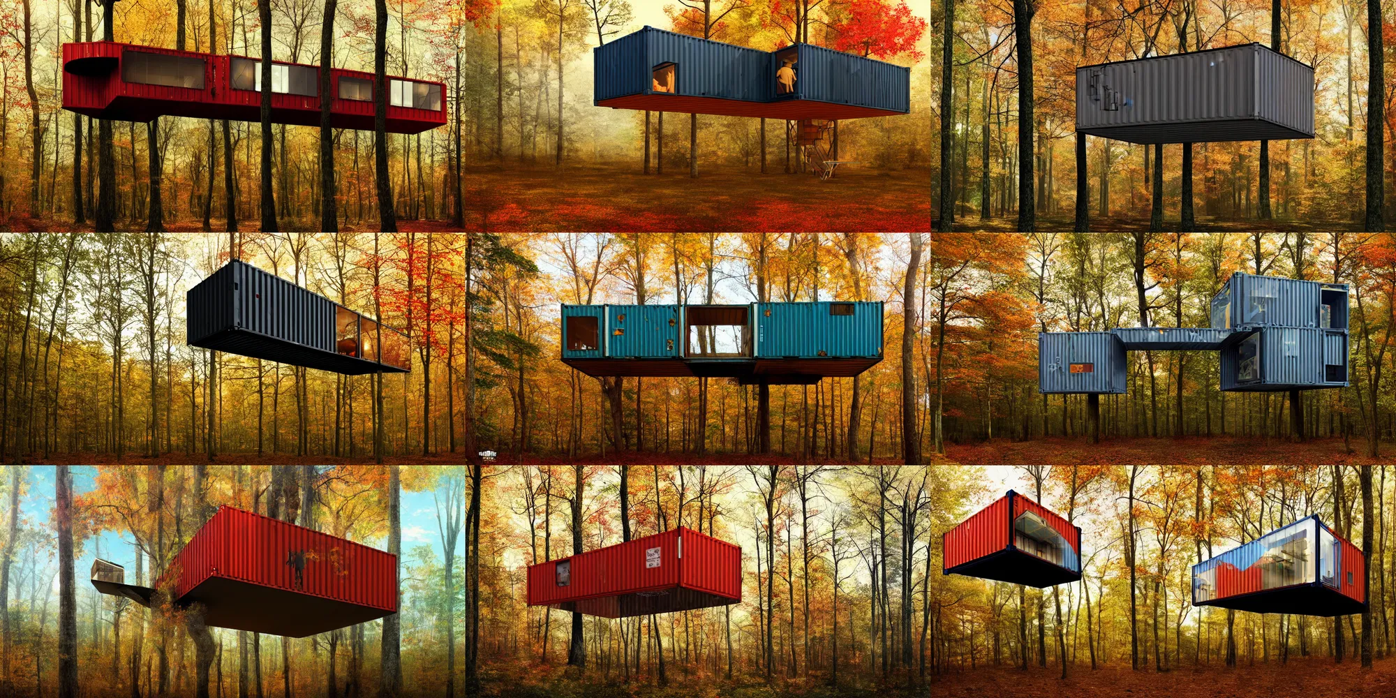 Prompt: treehouse made of a glass shipping container, william penn state forest, autumn, concept art, trending on artstation, cgsociety