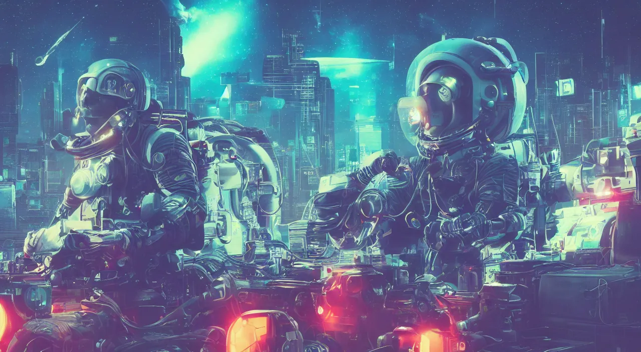 Image similar to a man in a space suit with a boom box on his shoulder, cyberpunk art by mike winkelmann, shutterstock contest winner, space art, darksynth, retrowave, synthwave