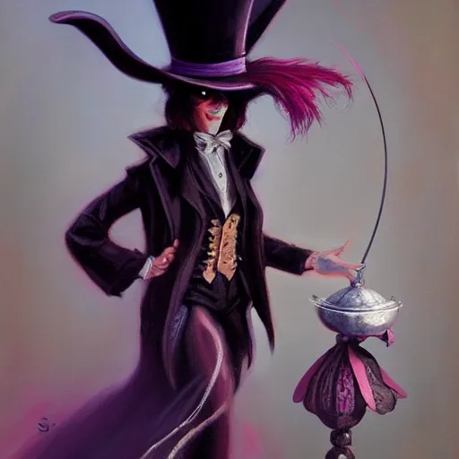 Prompt: oil painting of a rabbit dressed like a female magician holding a magic wand and a top hat, urban fantasy art by seb mckinnon, artstation npc character design, top - rated