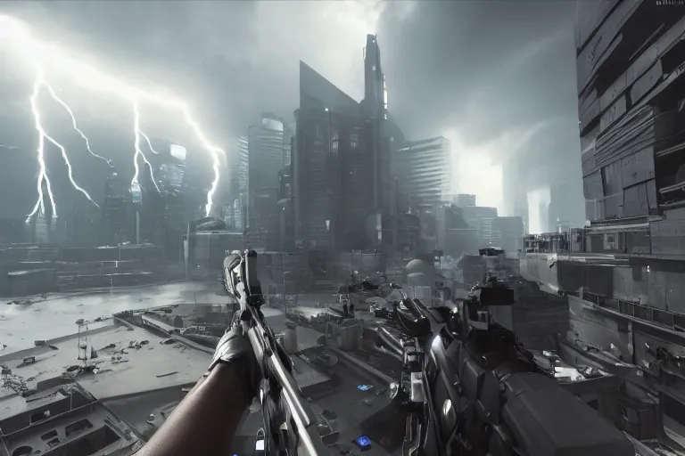 Prompt: first person point of view of a gunner in a futuristic city, cinematic lightning, ray tracing, unreal engine 5, photorealistic, 8 k, uhd, 4 k, call of duty game concept, extremely detailed, beautiful, elegant, intricate, foggy, in - game footage