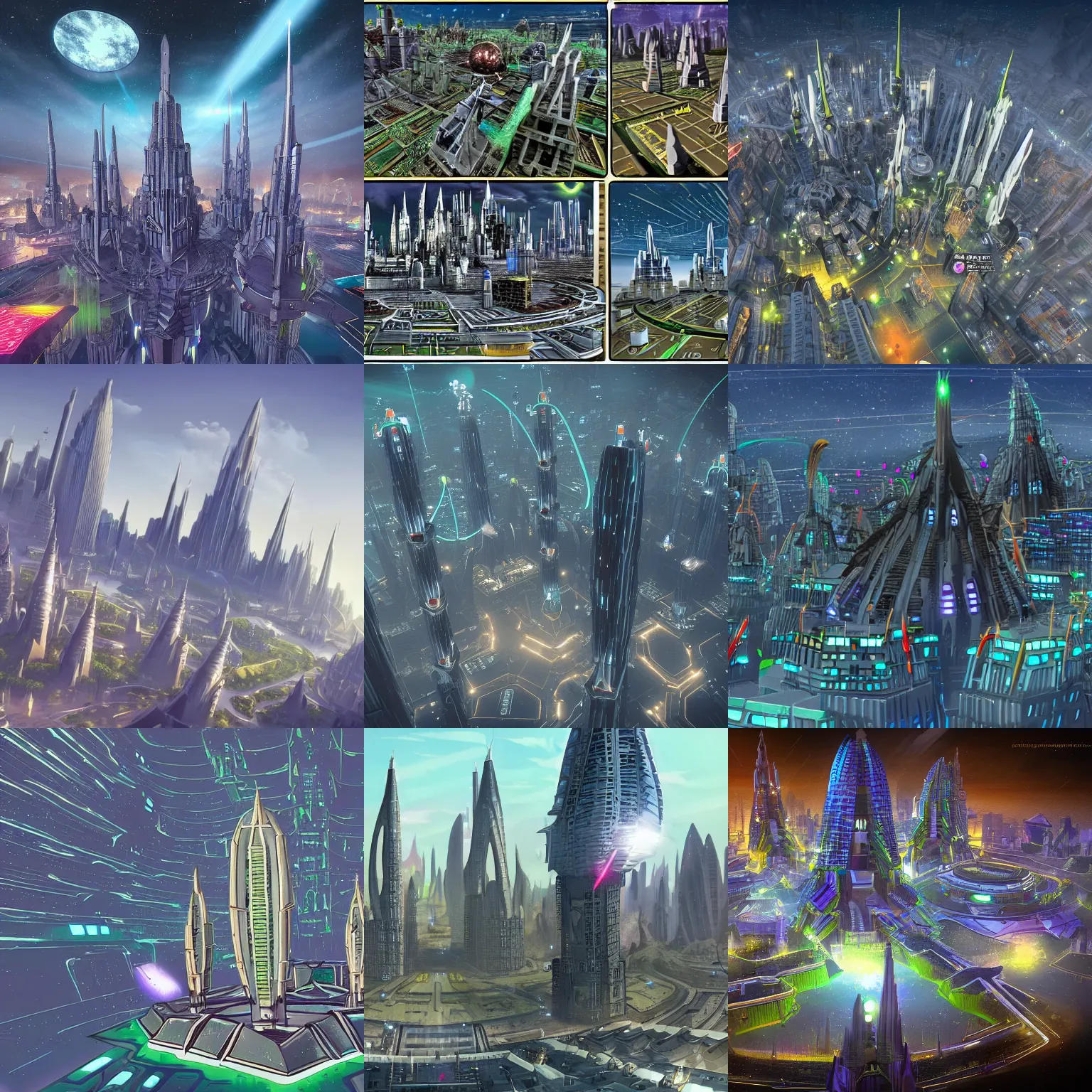 Prompt: an epic alien city with many spires and skyscraper and lasers