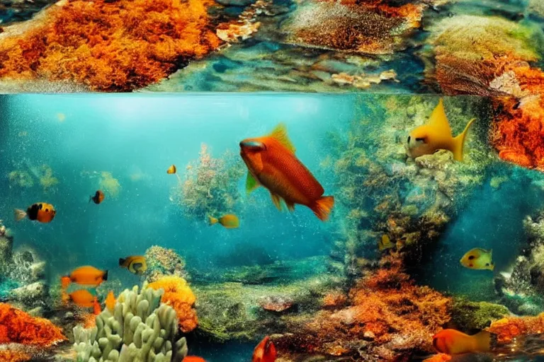 Image similar to ultra realistic underwater photography, panoramic picture of a river with a big number of large, brightly colourful fish. lots of bubbles, little seaweed and some rocks. gloomy scattered light entering from the water surface, artstation, 8 k