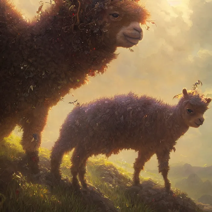 Image similar to highly detailed portrait of emo alpacas, flying, unreal engine, fantasy art by greg rutkowski, loish, rhads, ferdinand knab, makoto shinkai and lois van baarle, ilya kuvshinov, rossdraws, tom bagshaw, alphonse mucha, global illumination, radiant light, detailed and intricate environment