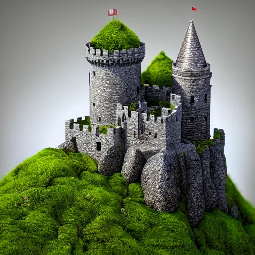 Prompt: minature castle on a rock, mossy, octane render, 4 k, macro photography, detailed medieval castle