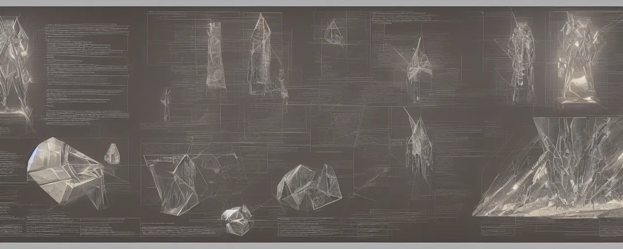 Prompt: stunning schematic diagram of a magic crystal, artbook, page, detailed, cross section, description, material, trending on artstation, cgsociety, Ralph McQuarrie and Greg Rutkowski