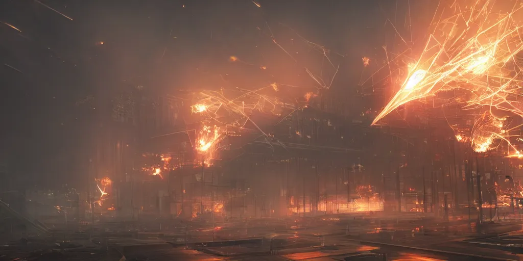 Prompt: lasers, fire, explosions, lights, smoke, fog, hypermaximalistic, high details, cinematic, 8k resolution, beautiful detailed, insanely intricate details, artstation trending, octane render, unreal engine