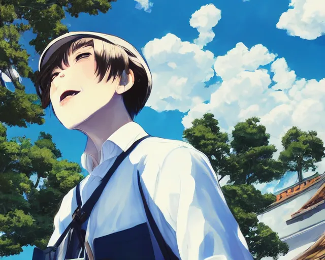 Image similar to boy looking at blue sky, wearing white shirt, facing away, low angle, sharp details, sharp focus, highly detailed, illustration, by pine ( ハイネ ) and 薯 子 imoko and 香 川 悠 作 and wlop and maya takamura, beautiful, trending artstation, pixiv, digital art