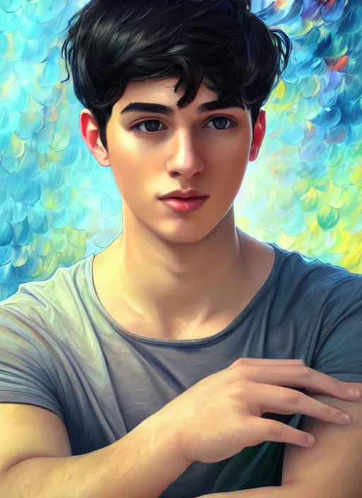 Image similar to handsome young man with short black hair, male, full detailed clothing, half body shot, arms down, path traced, highly detailed, high quality, digital painting, alena aenami, leonid afremov, lilia alvarado, shinji aramaki, karol bak, alphonse mucha, tom bagshaw