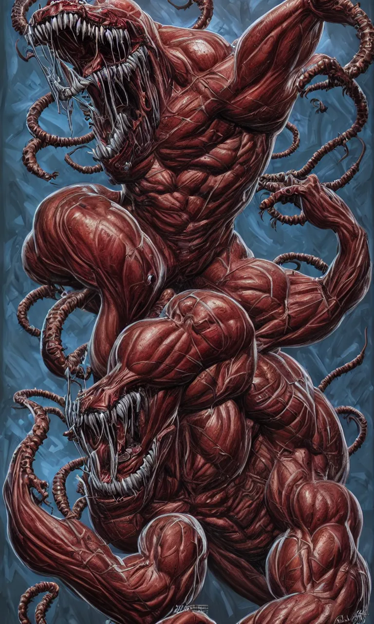 Image similar to hyper realistyc anatomically acurate full body long shot of bodybuilder venom from marvel comics!!!!, large mouth with teeth, lovecraftian horror, fantasy, intricate, elegant, highly detailed, digital painting, artstation, concept art, matte, sharp focus, illustration, art by glenn fabry