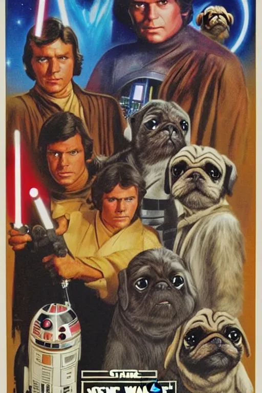 Prompt: vintage 1 9 7 7 star wars episode iv a new hope movie poster, with pugs instead of people