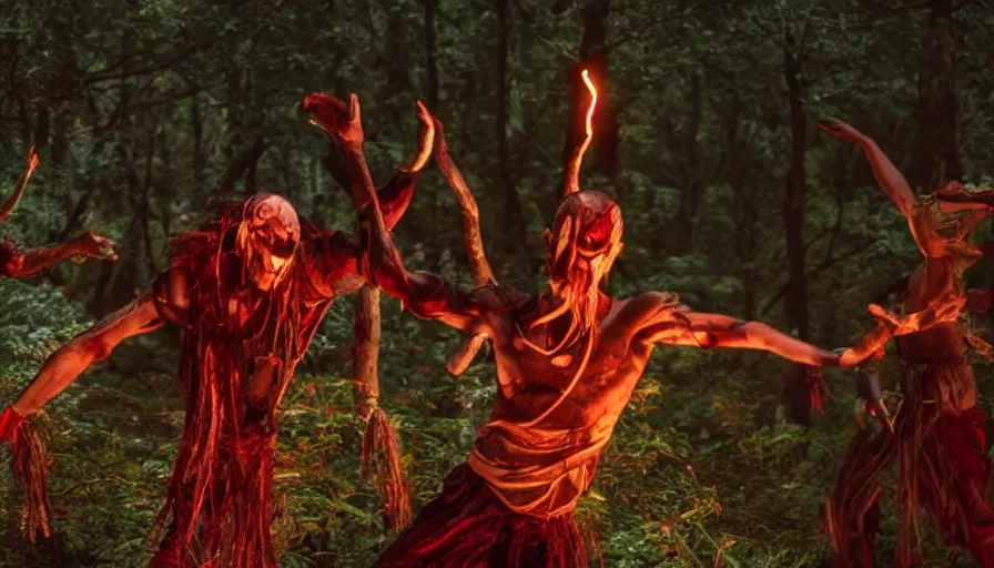 Image similar to screen shot of baraka, ambient lighting, cinematic, epic, demonic dance, chanting, forest